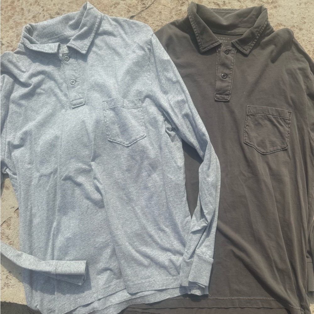 JCrew broken in LS soft polo. Two (2) shirts. Mens sz L. Grey & taupe /tan